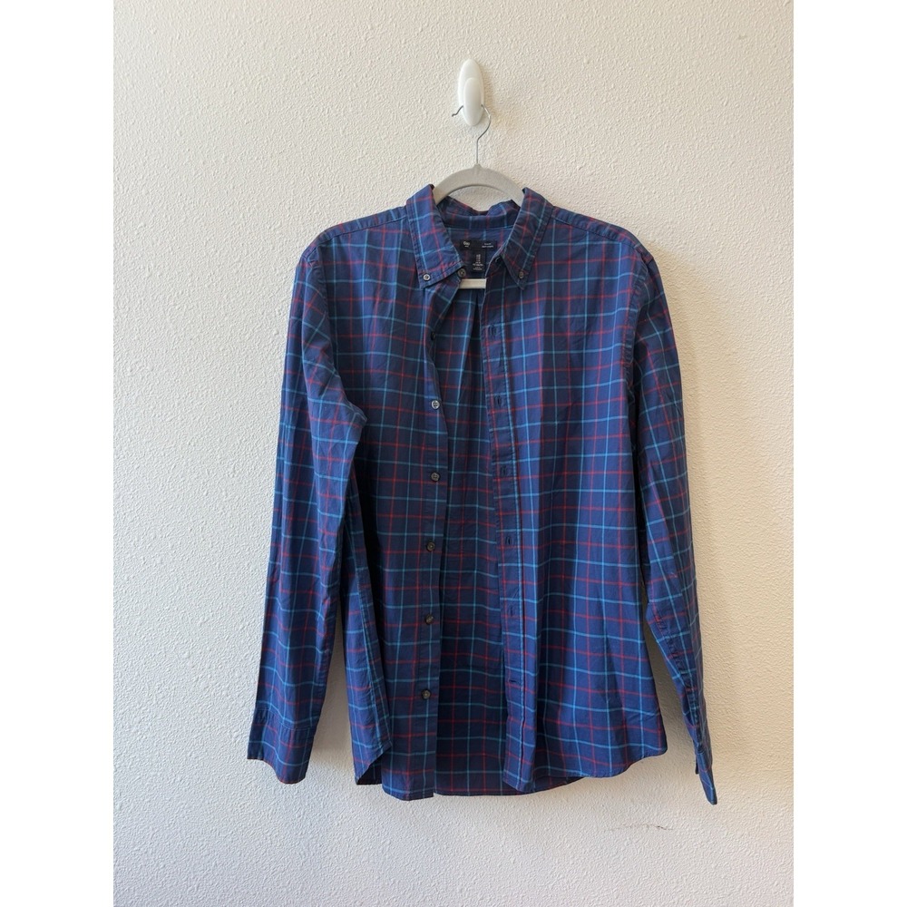 GAP Mens Medium Slim Fit Plaid Button-Up Shirt Blue Red Navy